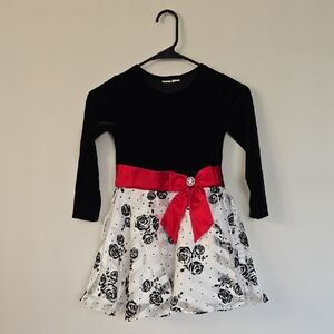Rare Editions Little Girls Flocked Velvet Black/Red/White Bow Dress Size 6X